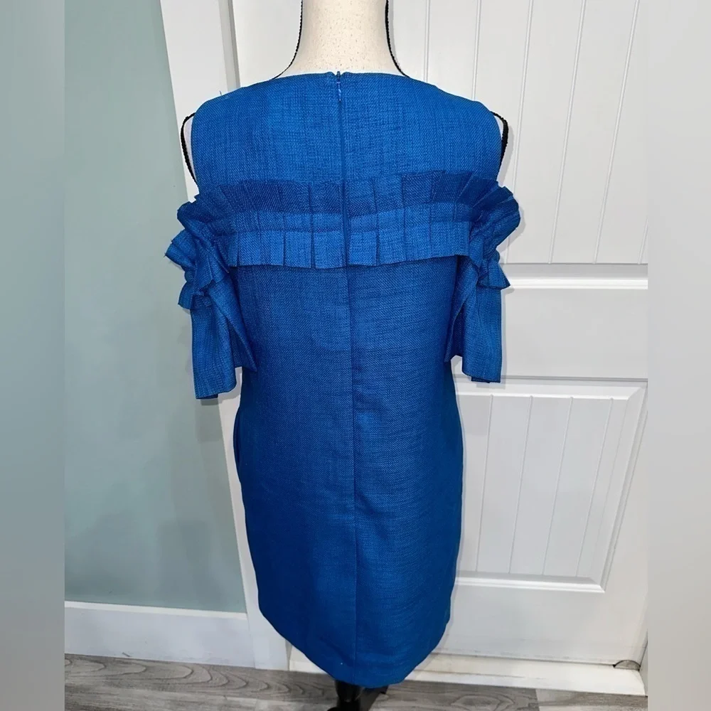 Badgley Mischka Blue Ruffle Sleeve Cold Shoulder woven dress size 4 - Picture 10 of 10
